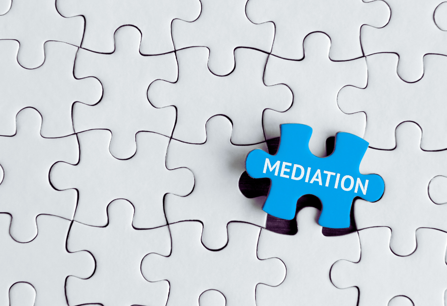 a blue puzzle piece fitting into other puzzle pieces that reads, "mediation"